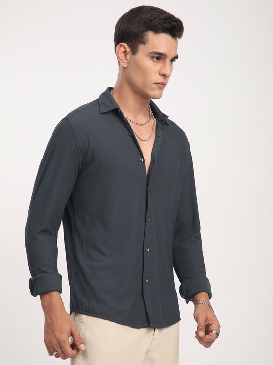 Dark Grey Textured Knitted Shirt