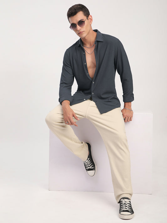 Dark Grey Textured Knitted Shirt