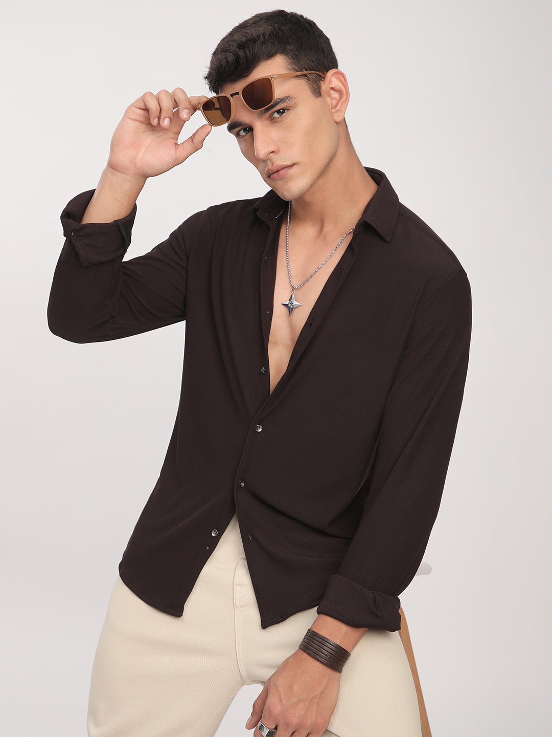 Brown Textured Knitted Shirt