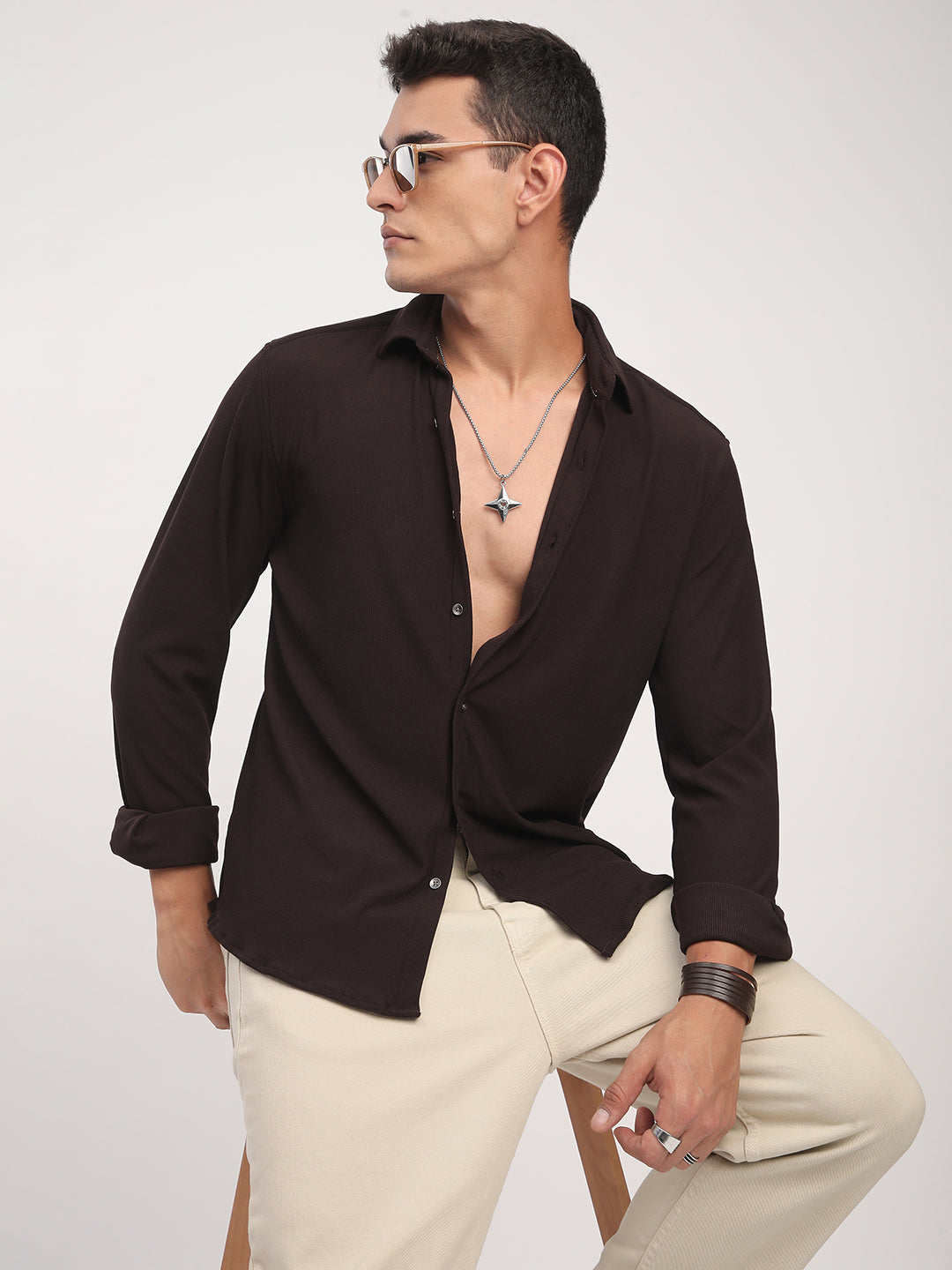 Brown Textured Knitted Shirt