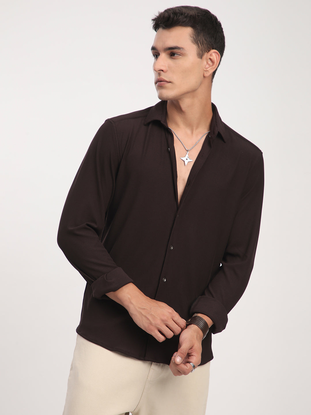 Brown Textured Knitted Shirt