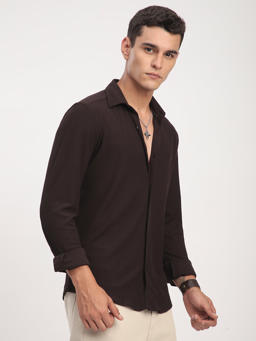 Brown Textured Knitted Shirt