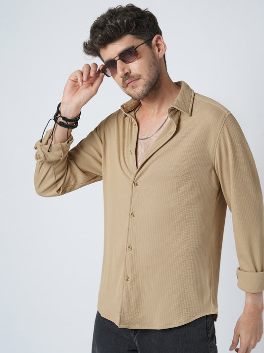Elegant Beige Textured Knitted Shirt