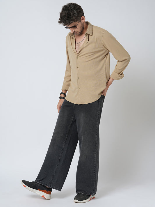 Elegant Beige Textured Knitted Shirt