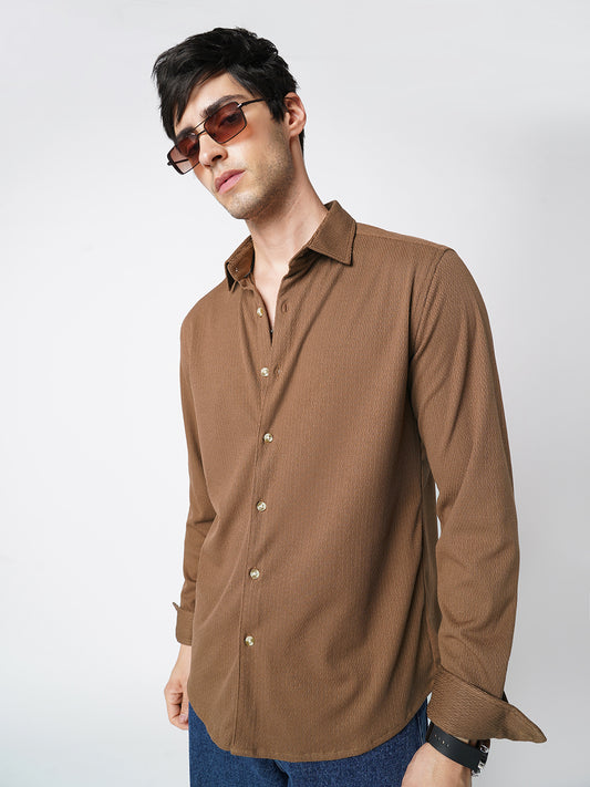 Enticing Brown Textured Knitted Shirt