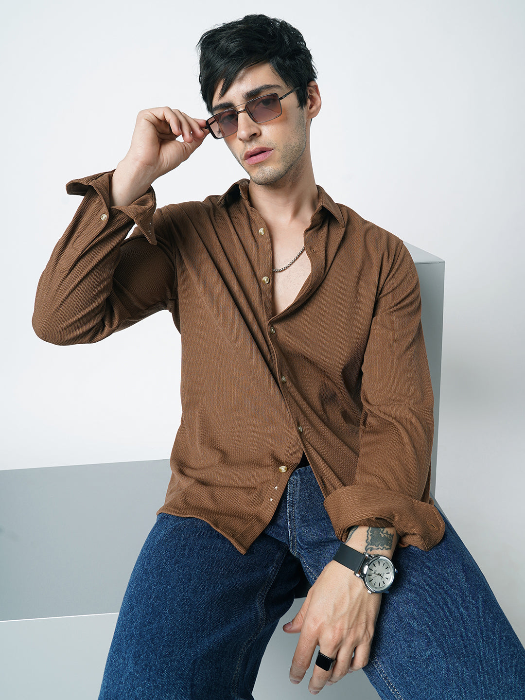Enticing Brown Textured Knitted Shirt