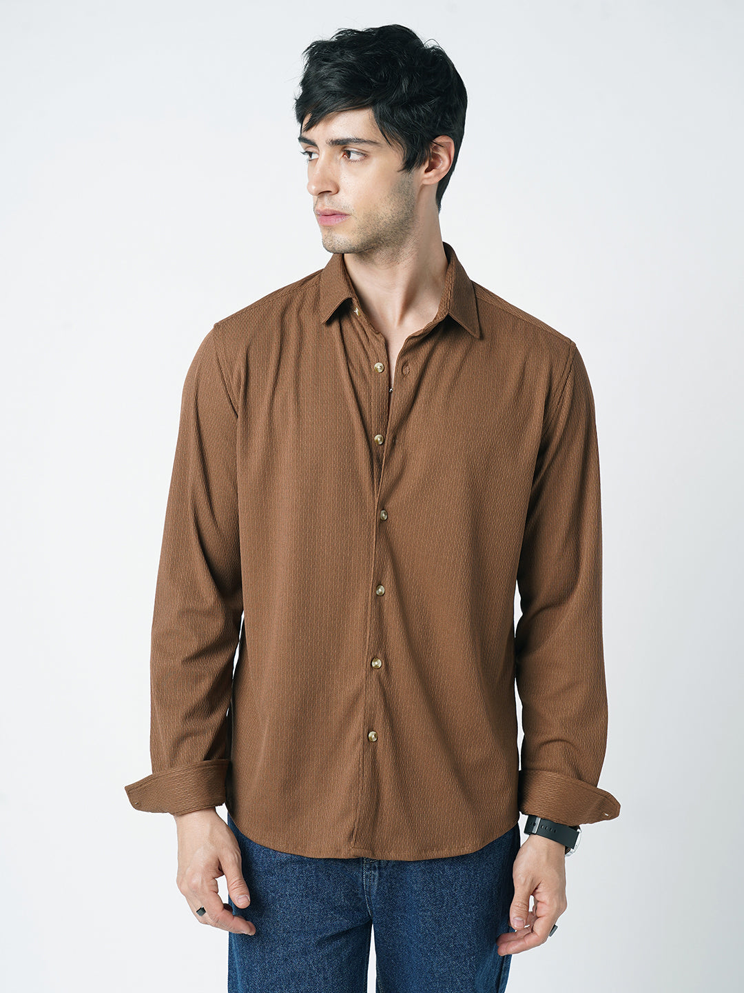 Enticing Brown Textured Knitted Shirt