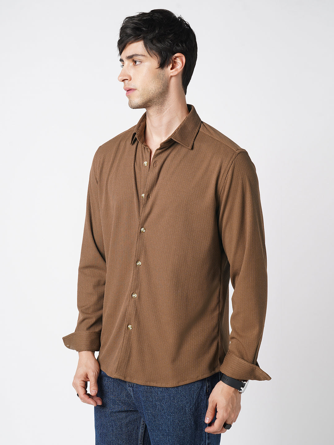 Enticing Brown Textured Knitted Shirt