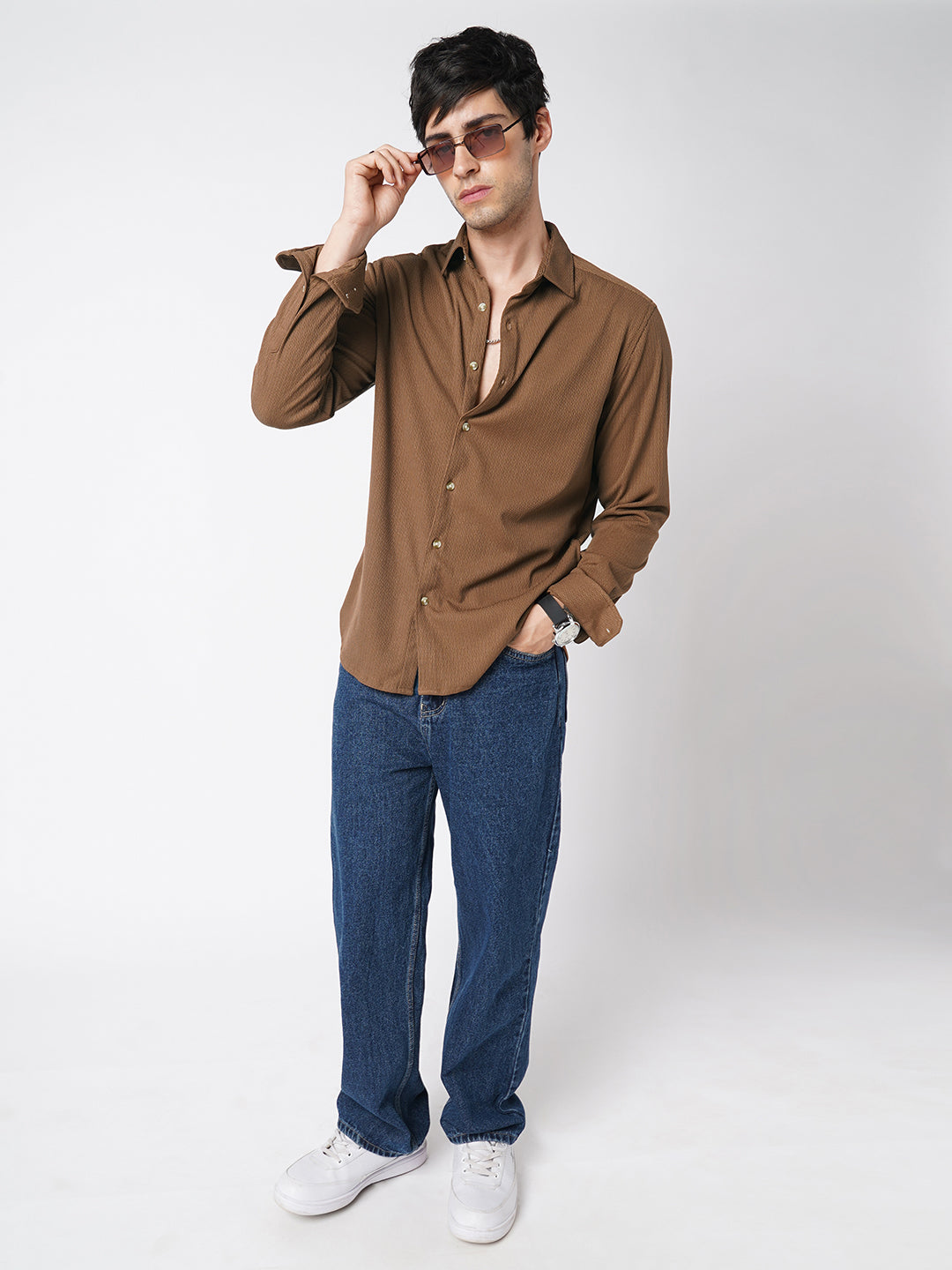 Enticing Brown Textured Knitted Shirt