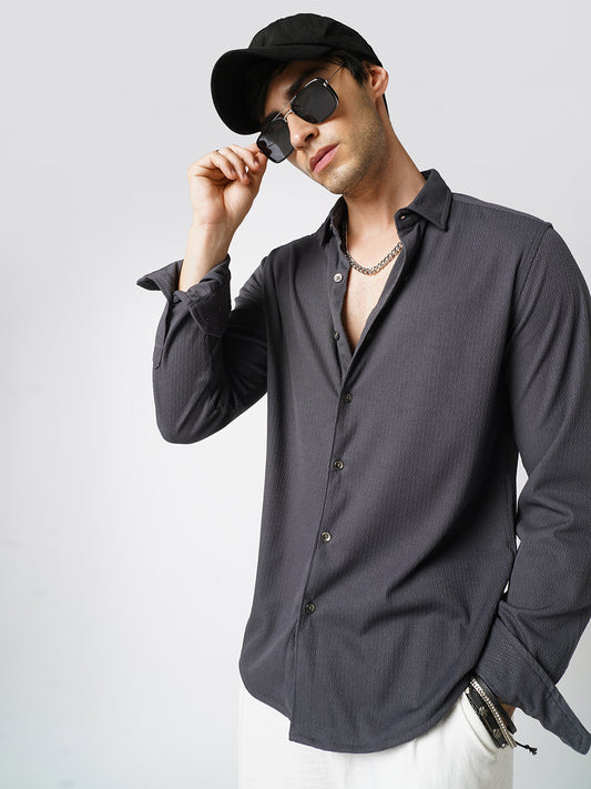Enticing Charcoal Grey Ribbed Knitted Shirt