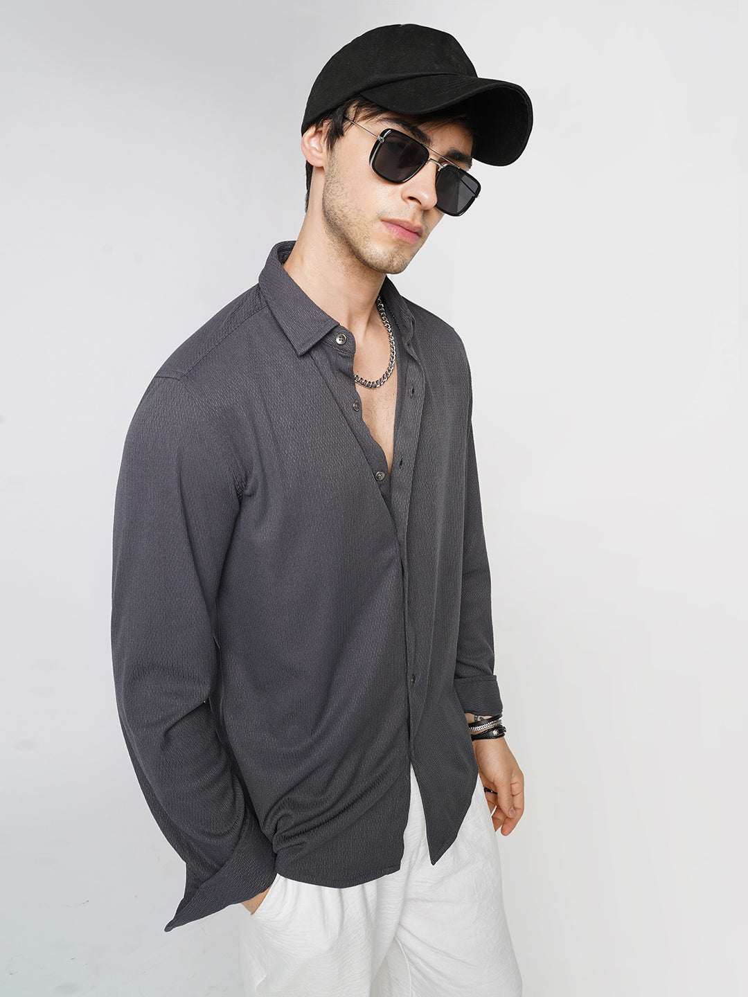 Enticing Charcoal Grey Ribbed Knitted Shirt