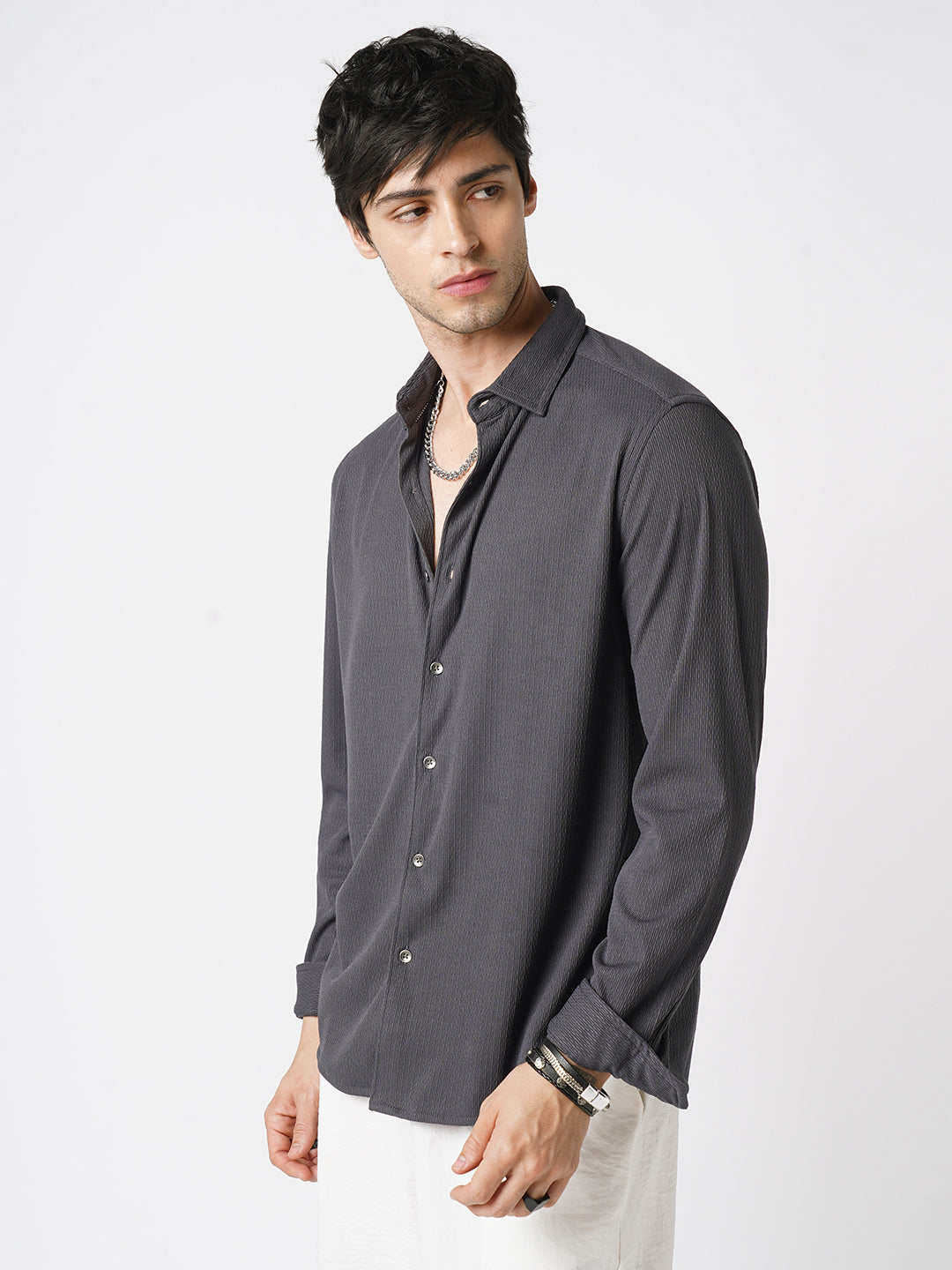 Enticing Charcoal Grey Ribbed Knitted Shirt