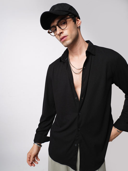 Spiffy Black Ribbed Knitted Shirt