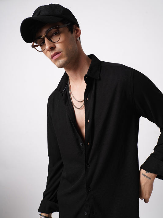 Spiffy Black Ribbed Knitted Shirt