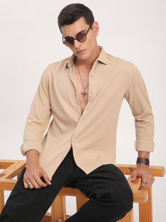 Refined Hairline Stripes Beige Knitted Shirt