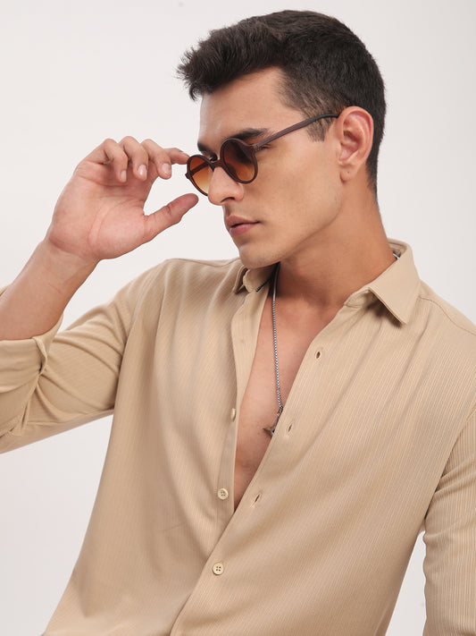 Refined Hairline Stripes Beige Knitted Shirt