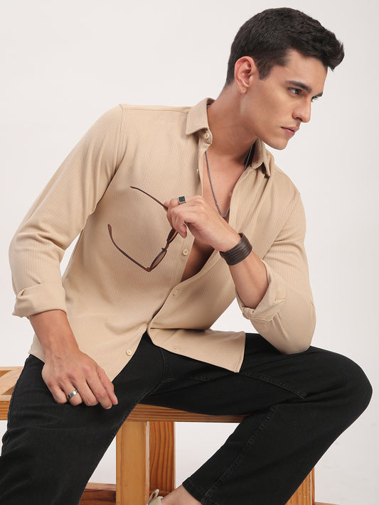 Refined Hairline Stripes Beige Knitted Shirt