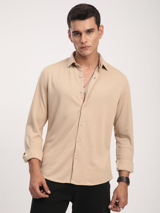 Refined Hairline Stripes Beige Knitted Shirt