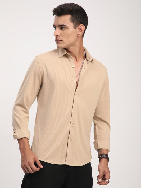 Refined Hairline Stripes Beige Knitted Shirt