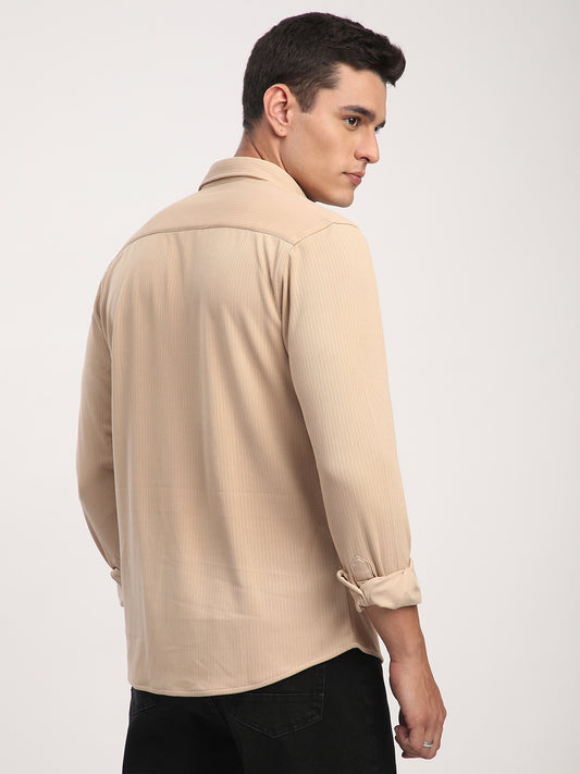 Refined Hairline Stripes Beige Knitted Shirt