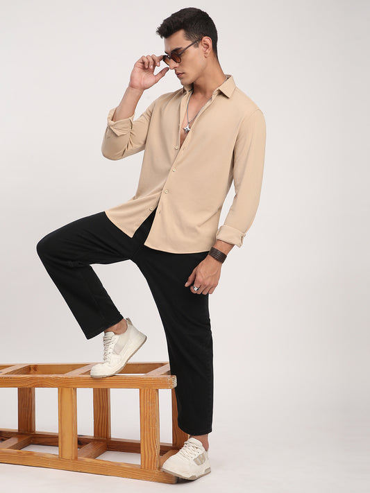 Refined Hairline Stripes Beige Knitted Shirt