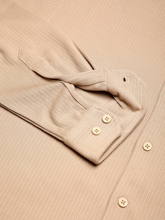 Refined Hairline Stripes Beige Knitted Shirt