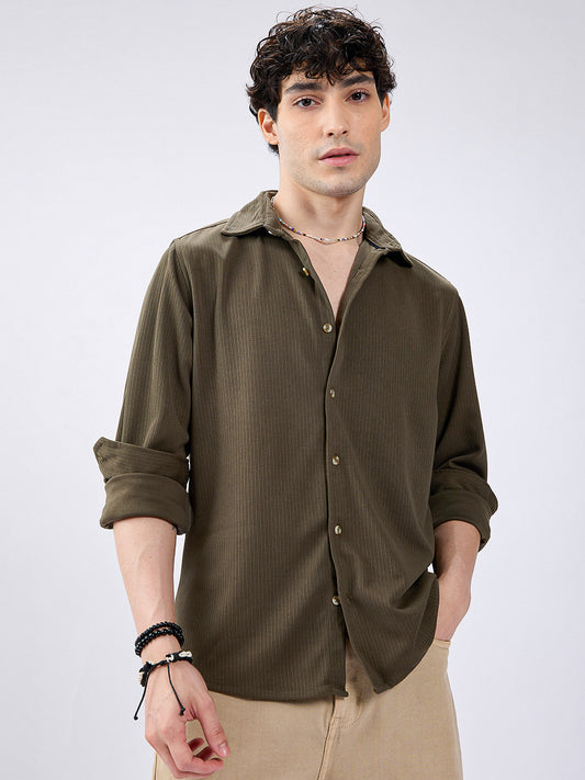 Plush Pencil Striped Army Green Knitted Shirt