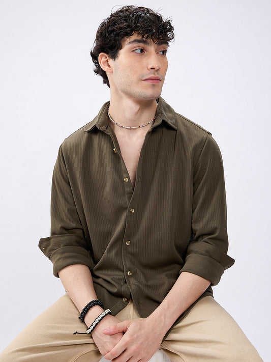 Plush Pencil Striped Army Green Knitted Shirt