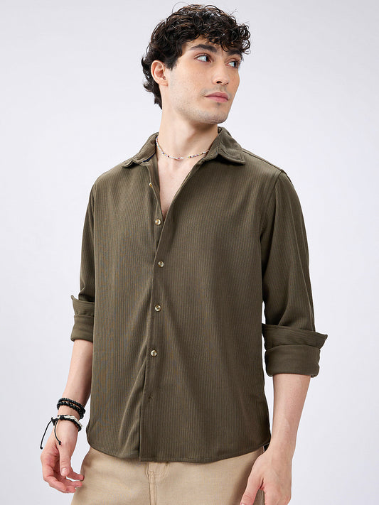 Plush Pencil Striped Army Green Knitted Shirt