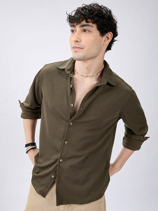 Plush Pencil Striped Army Green Knitted Shirt