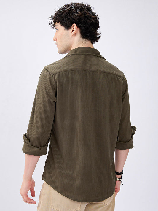 Plush Pencil Striped Army Green Knitted Shirt