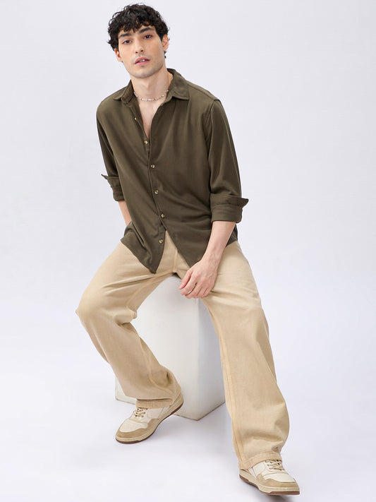 Plush Pencil Striped Army Green Knitted Shirt