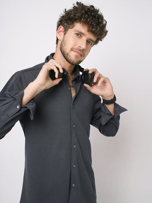 Charcoal Grey Serene Pinstripe Knitted Shirt