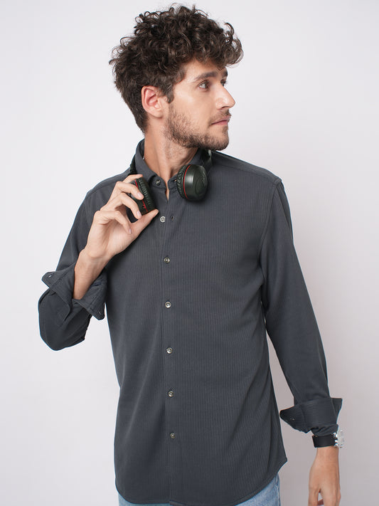 Charcoal Grey Serene Pinstripe Knitted Shirt