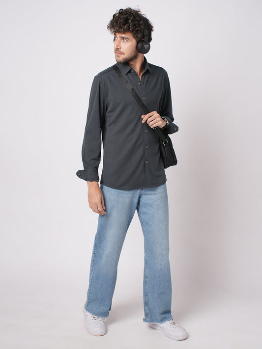 Charcoal Grey Serene Pinstripe Knitted Shirt