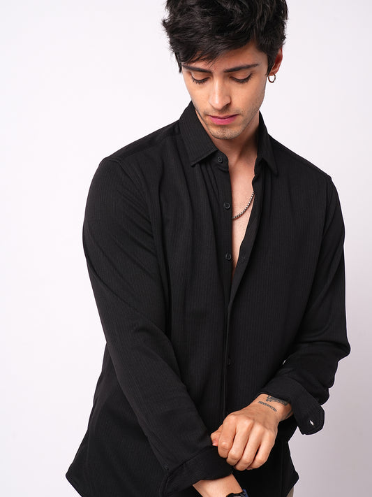 Elegant Jet Black Ribbed Knitted Shirt