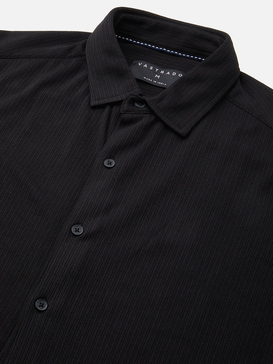 Elegant Jet Black Ribbed Knitted Shirt