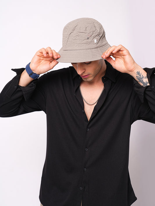 Elegant Jet Black Ribbed Knitted Shirt