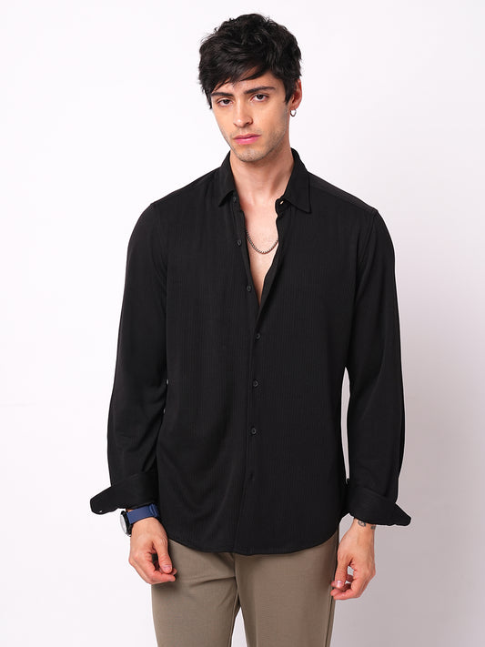 Elegant Jet Black Ribbed Knitted Shirt