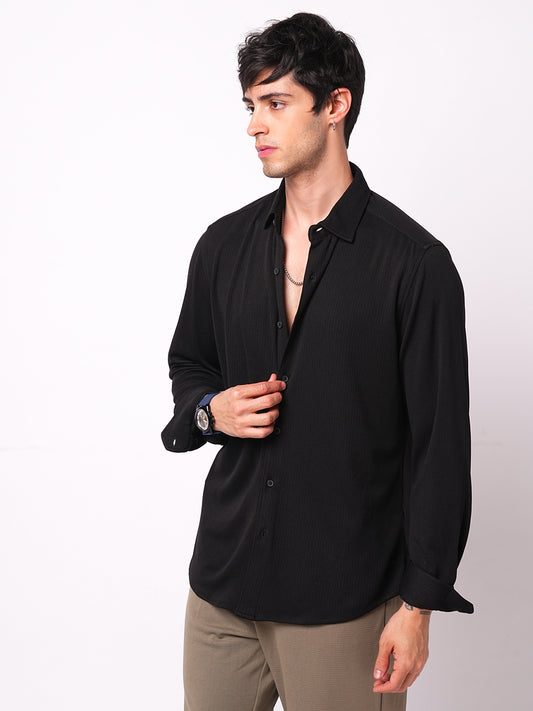 Elegant Jet Black Ribbed Knitted Shirt