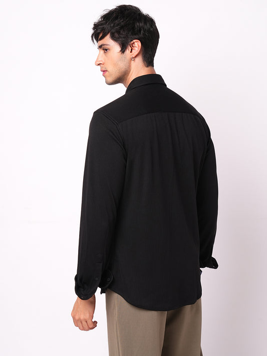 Elegant Jet Black Ribbed Knitted Shirt