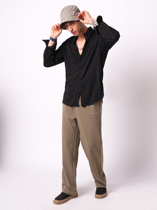 Elegant Jet Black Ribbed Knitted Shirt