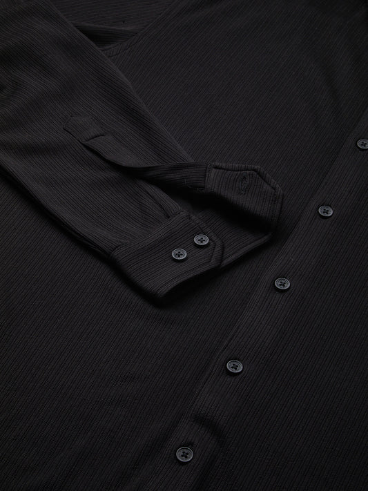 Elegant Jet Black Ribbed Knitted Shirt