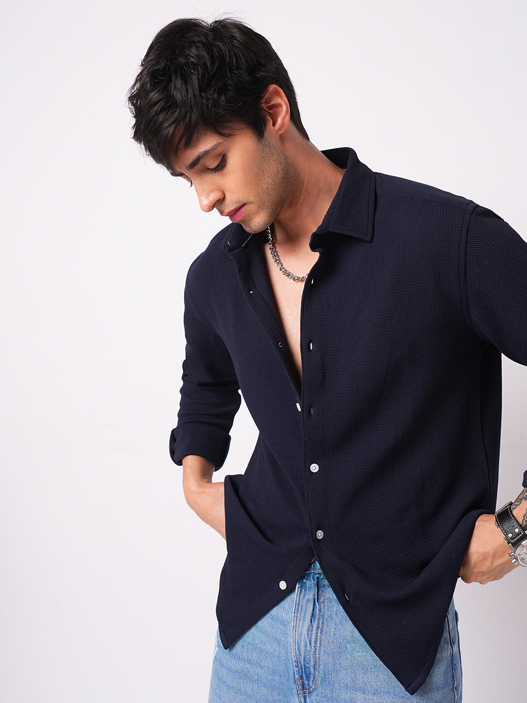 Modish Navy Blue Embossed Knitted Shirt