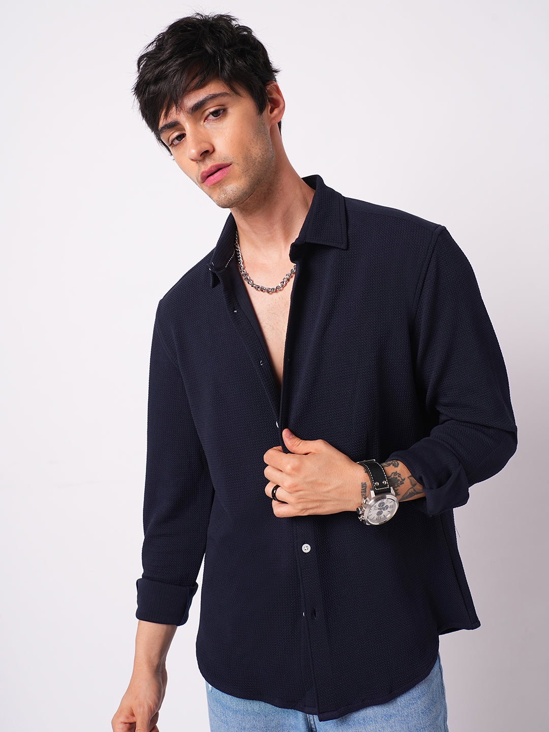Modish Navy Blue Embossed Knitted Shirt