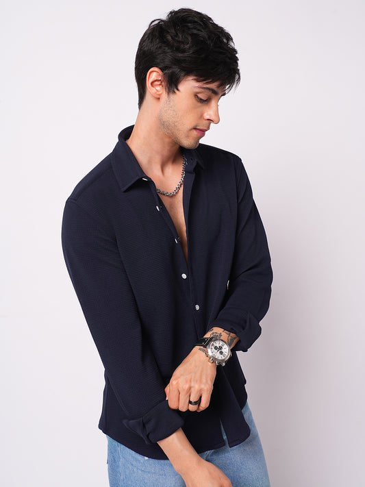 Modish Navy Blue Embossed Knitted Shirt