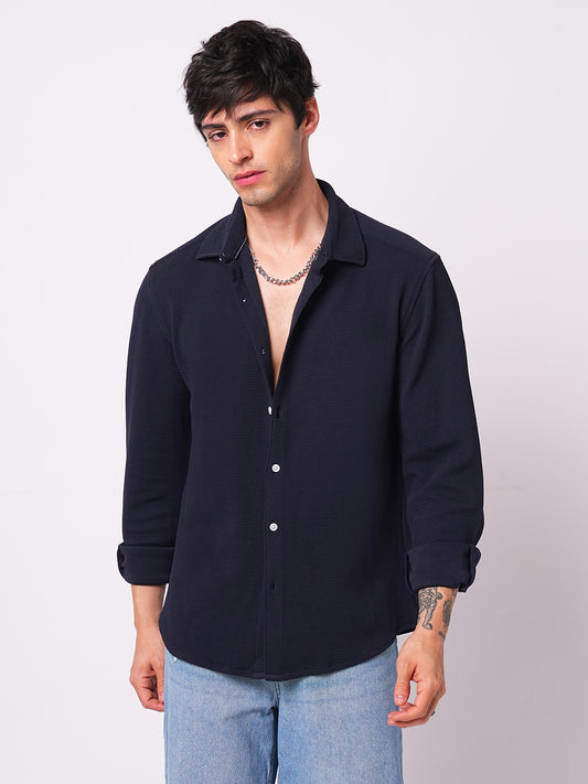 Modish Navy Blue Embossed Knitted Shirt