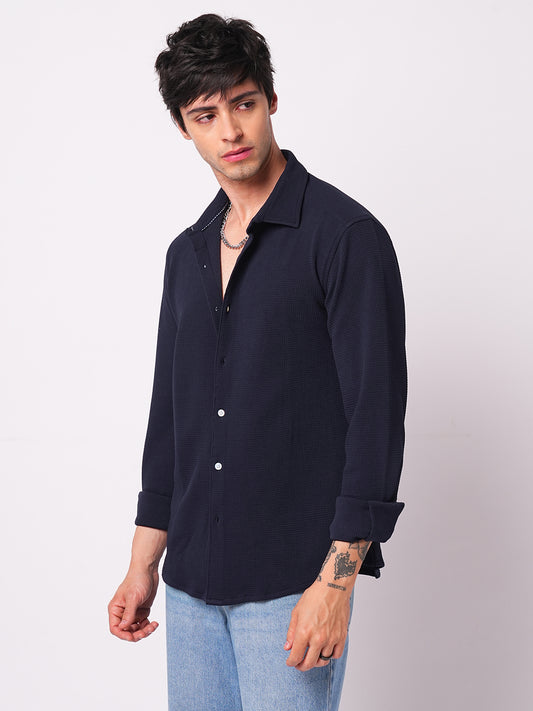 Modish Navy Blue Embossed Knitted Shirt