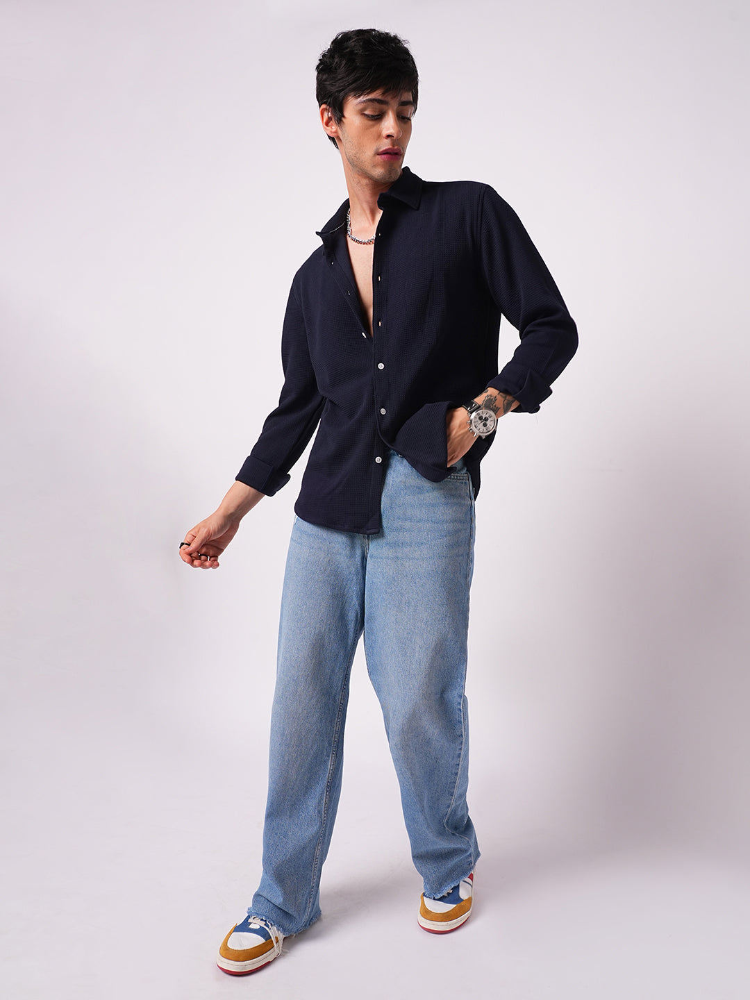 Modish Navy Blue Embossed Knitted Shirt