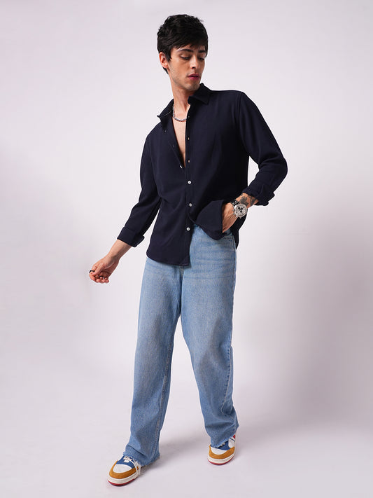 Modish Navy Blue Embossed Knitted Shirt